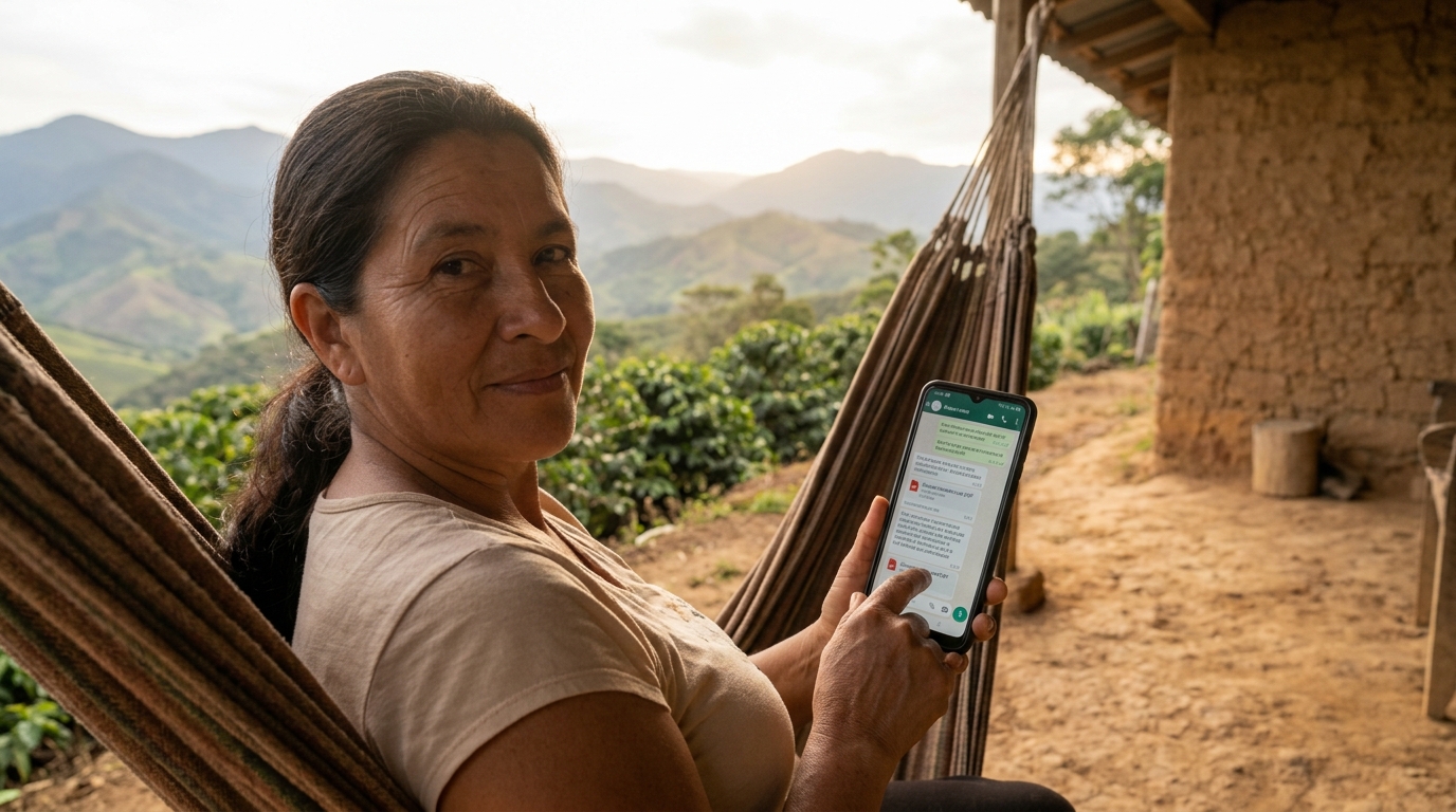 Mujer en zona rural de Colombia usando WhatsApp para acceder a contenido educativo desde su hamaca con montañas al fondo
