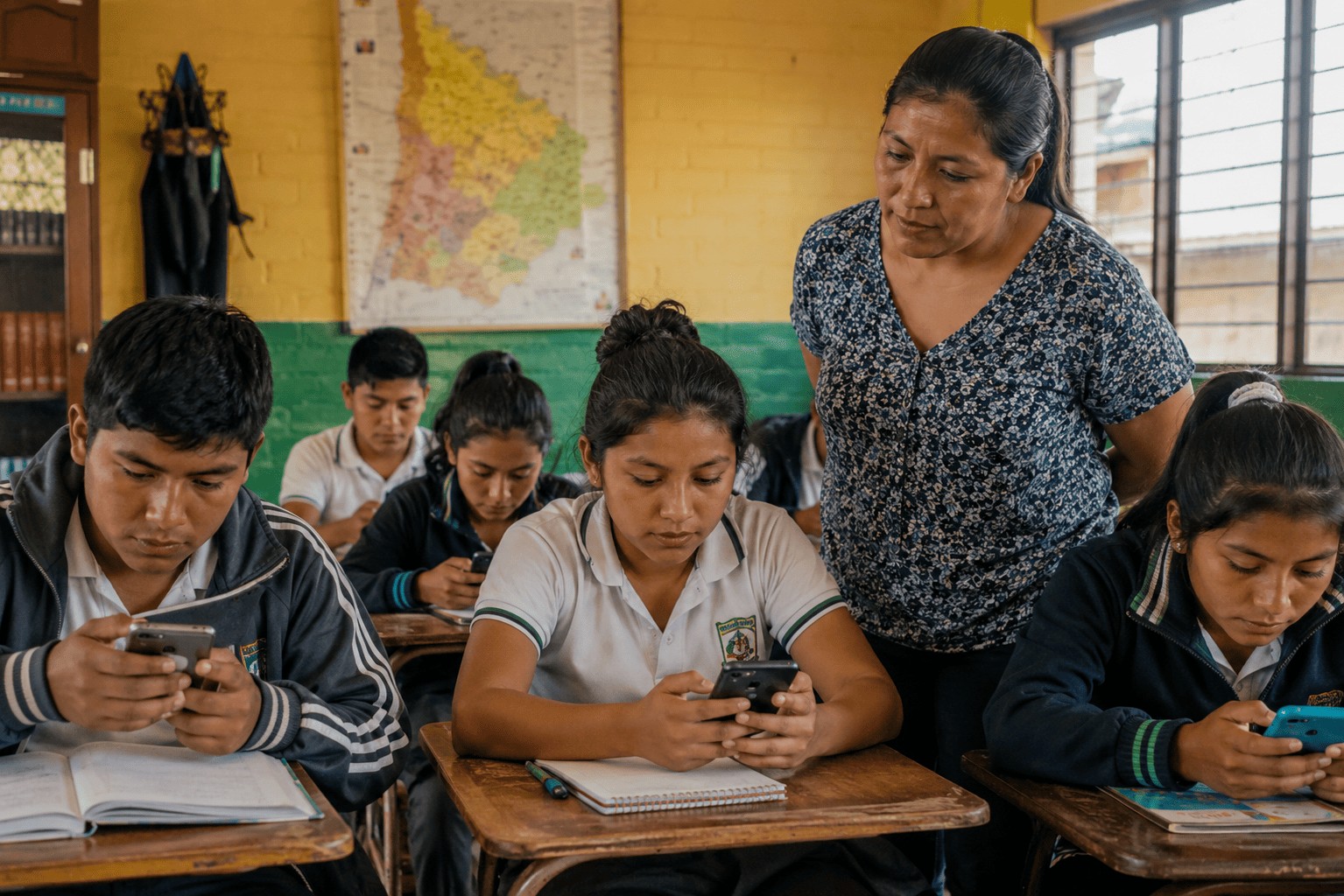 Estudiante usando tableta en salón de clase en Latinoamérica, representando la brecha entre tecnología educativa y realidad del aula