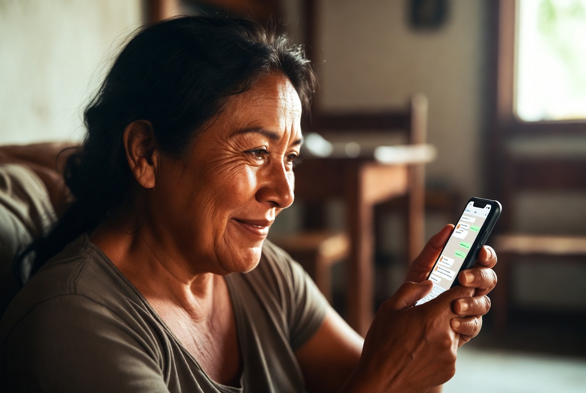 Mujeres en comunidad participando en formación conversacional por WhatsApp, compartiendo sus voces en un espacio seguro
